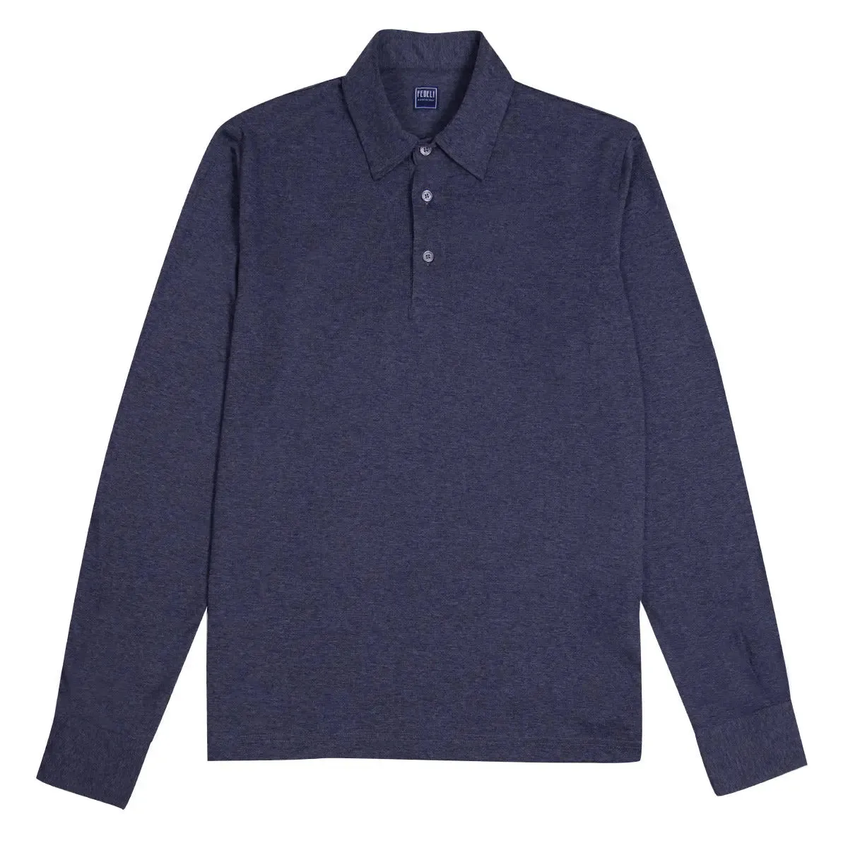 Navy Blue 'Bell' Long Sleeve Jersey Wool Polo Shirt