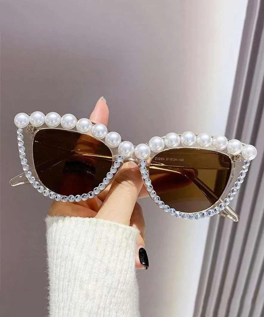 New Personalized Diamond Studded Pearl Cat Eye Sunglasses XS1086