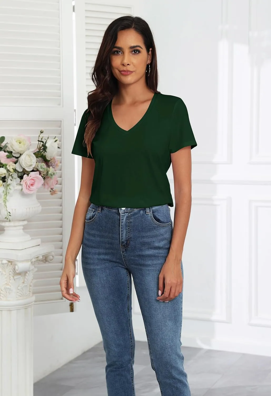 PALINDA Women's Classic Fit T Shirts Short Sleeve V Neck Casual Tee Shirt Summer Tops