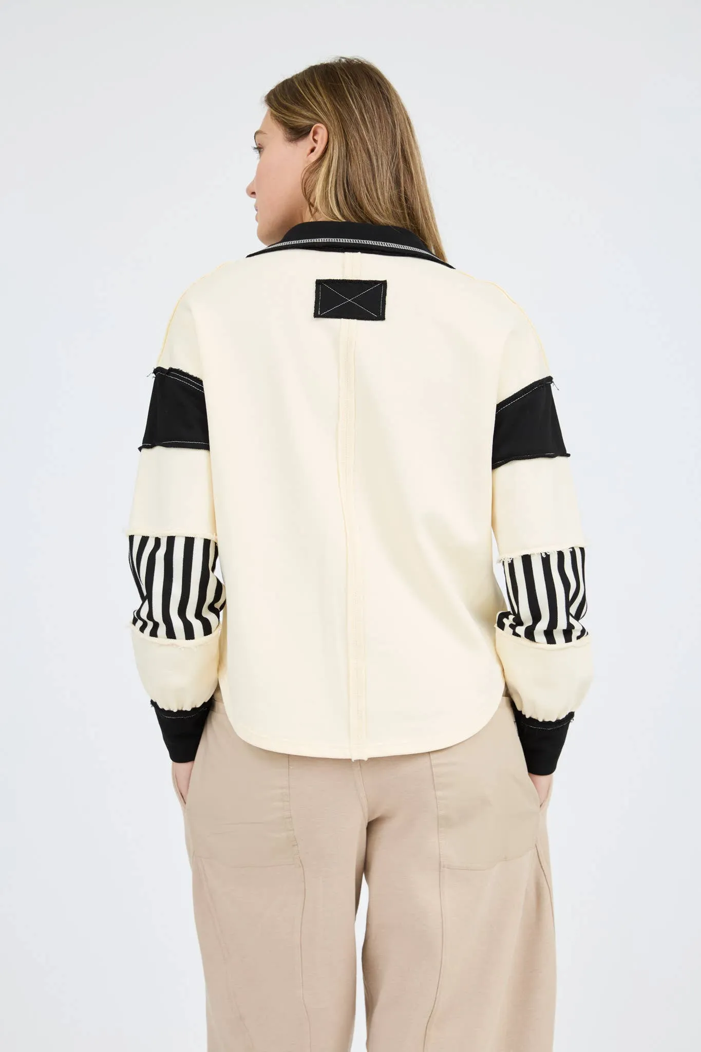 PATCHWORK STRIPE COLLARED LONG SLEEVE KNIT TOP: CREAM