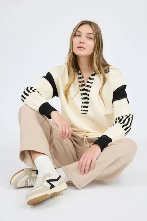 PATCHWORK STRIPE COLLARED LONG SLEEVE KNIT TOP: CREAM