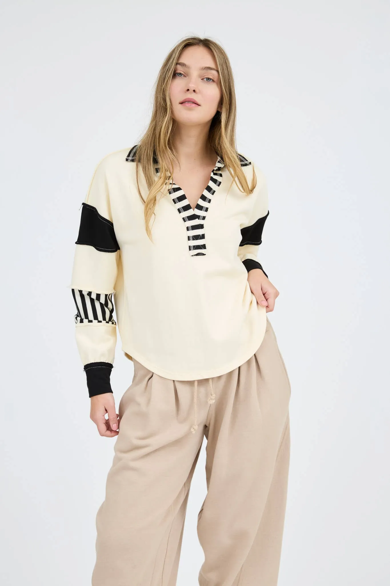 PATCHWORK STRIPE COLLARED LONG SLEEVE KNIT TOP: CREAM