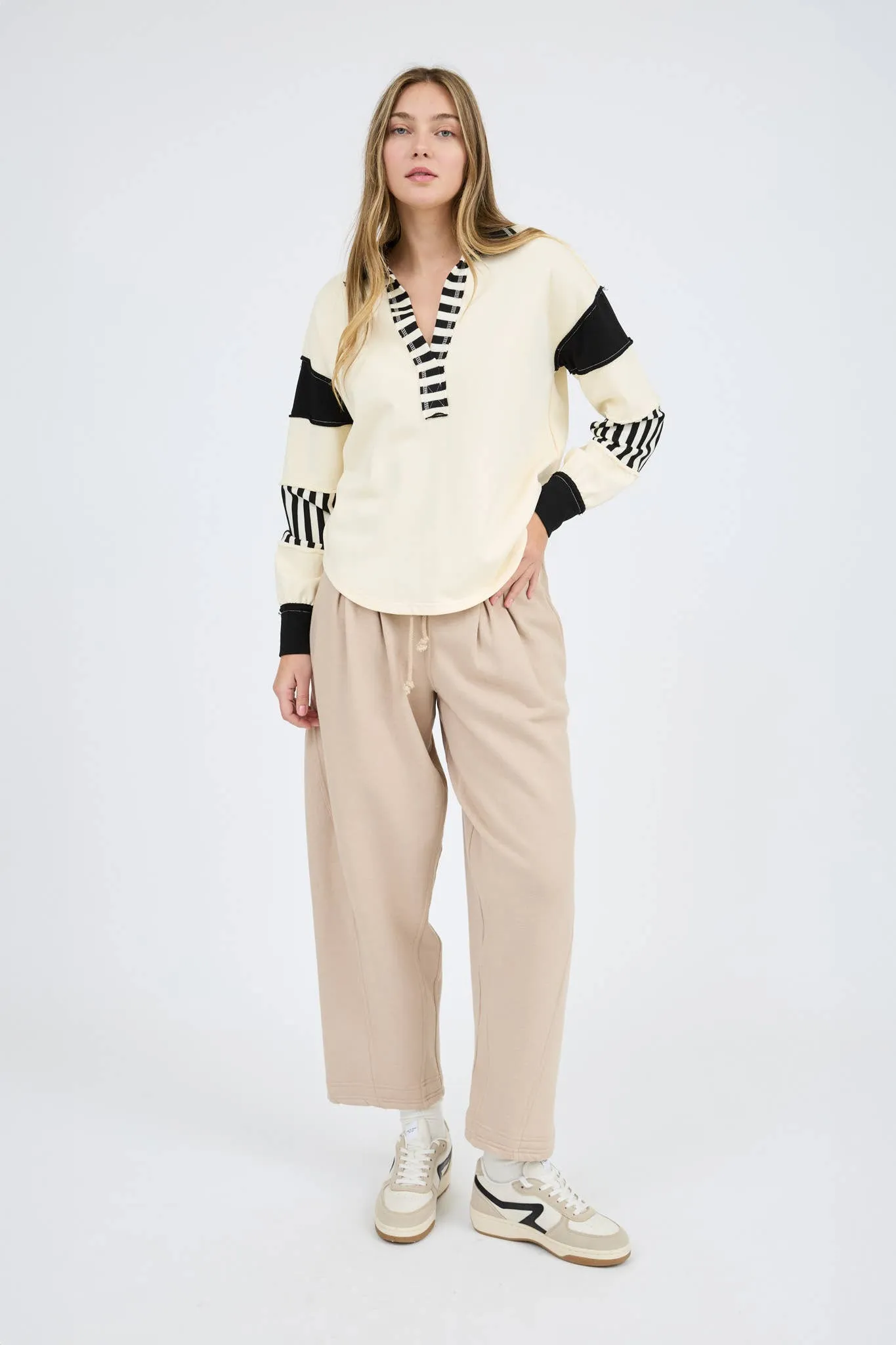 PATCHWORK STRIPE COLLARED LONG SLEEVE KNIT TOP: CREAM