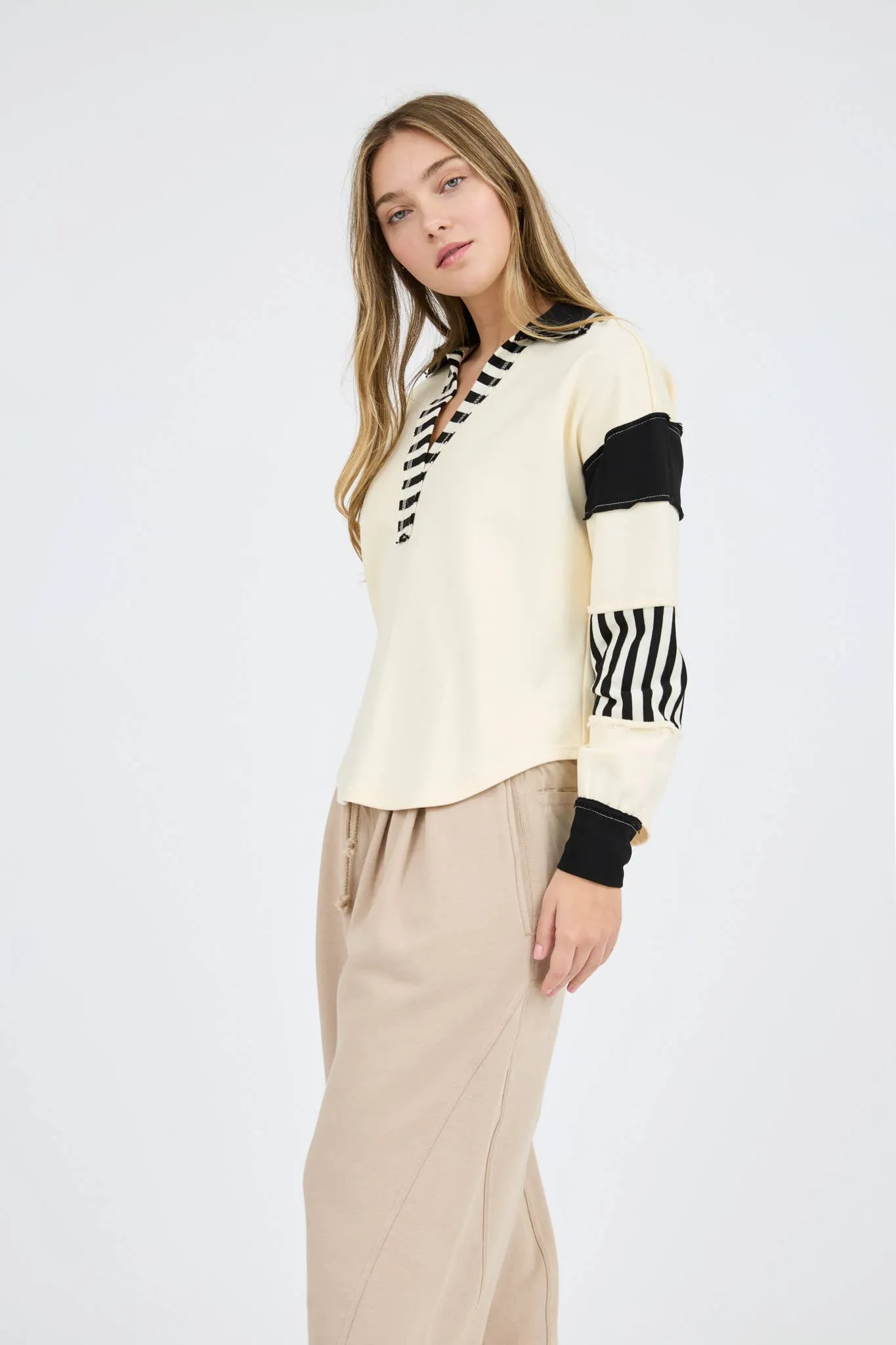 PATCHWORK STRIPE COLLARED LONG SLEEVE KNIT TOP: CREAM