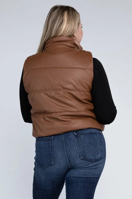 Plus Waist Length Zipper Up Casual Puff Vest