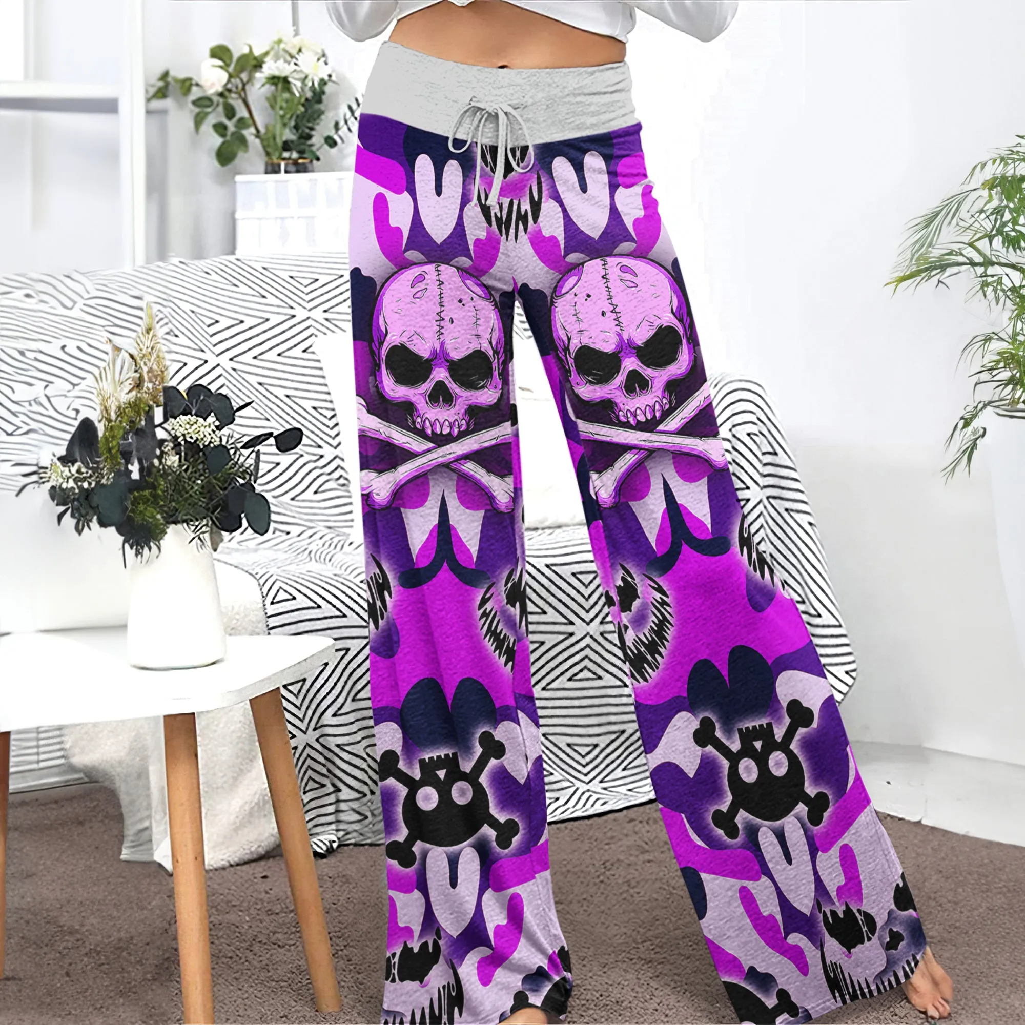 Purple Camo Skull Art Women's High-waisted Wide Leg Pants