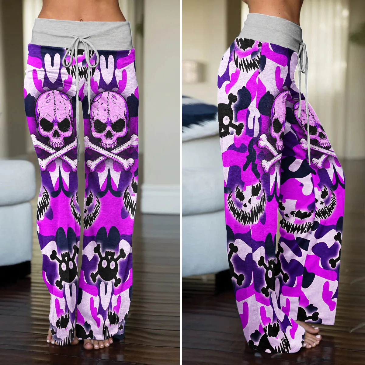 Purple Camo Skull Art Women's High-waisted Wide Leg Pants