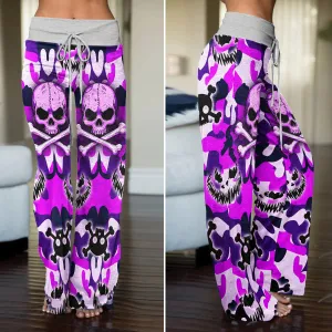 Purple Camo Skull Art Women's High-waisted Wide Leg Pants