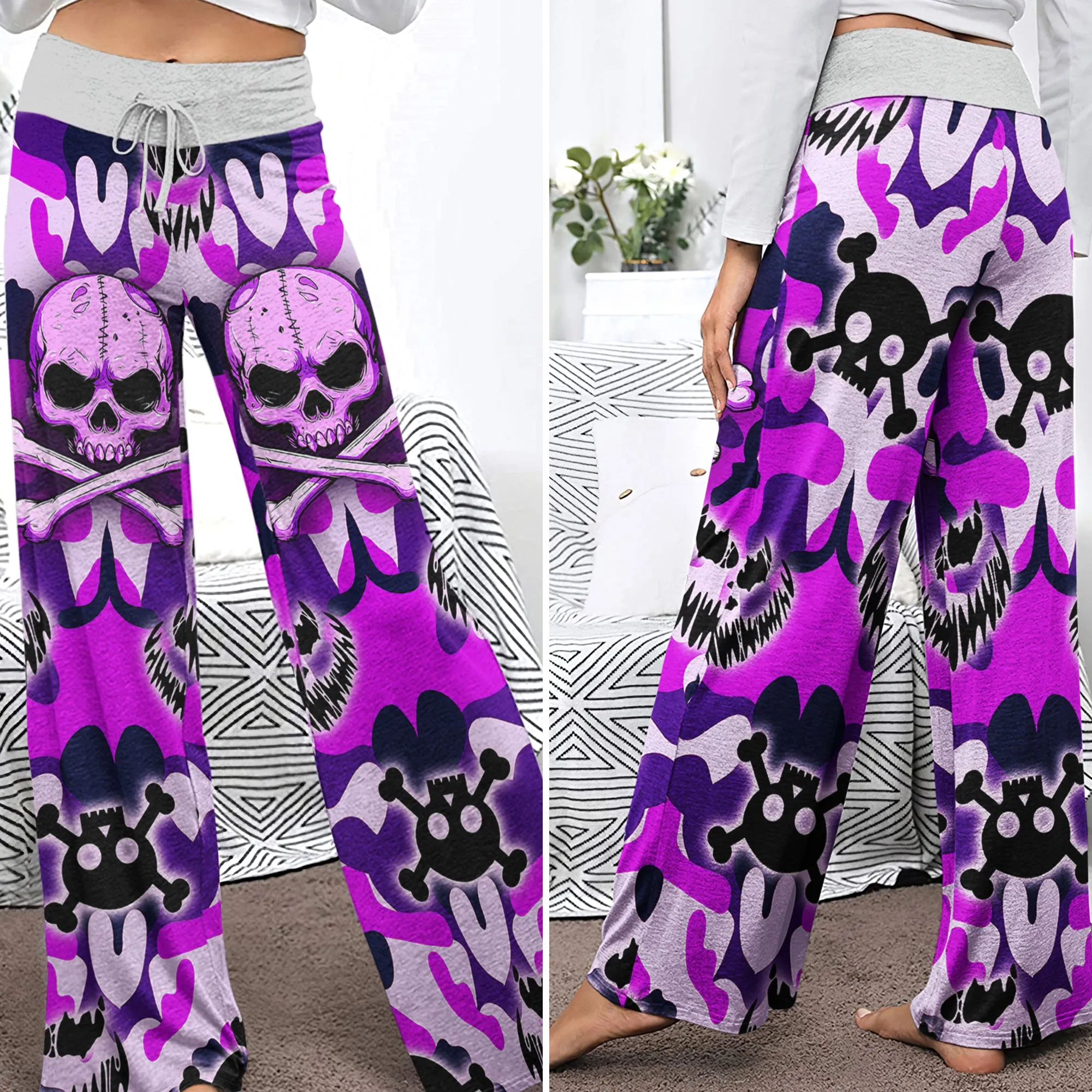 Purple Camo Skull Art Women's High-waisted Wide Leg Pants