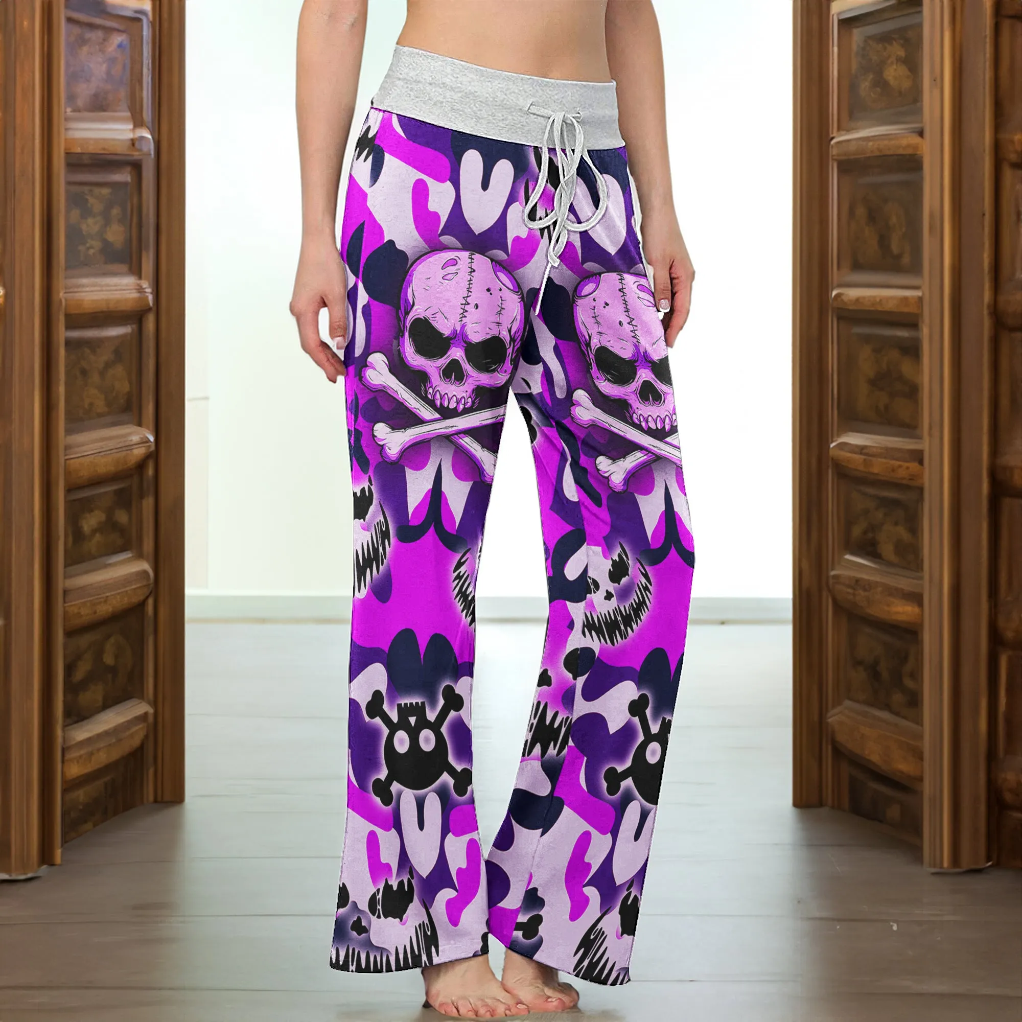 Purple Camo Skull Art Women's High-waisted Wide Leg Pants