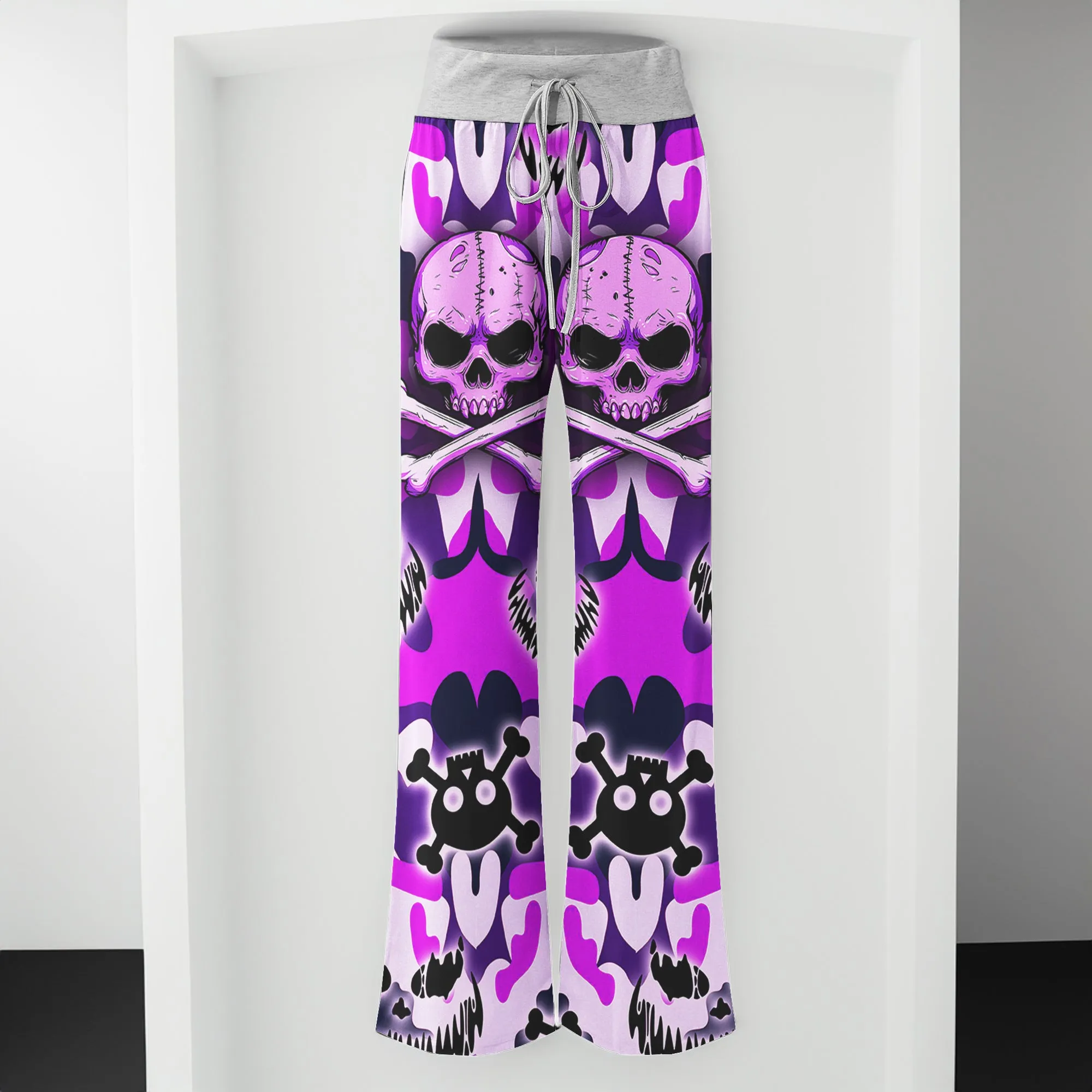 Purple Camo Skull Art Women's High-waisted Wide Leg Pants