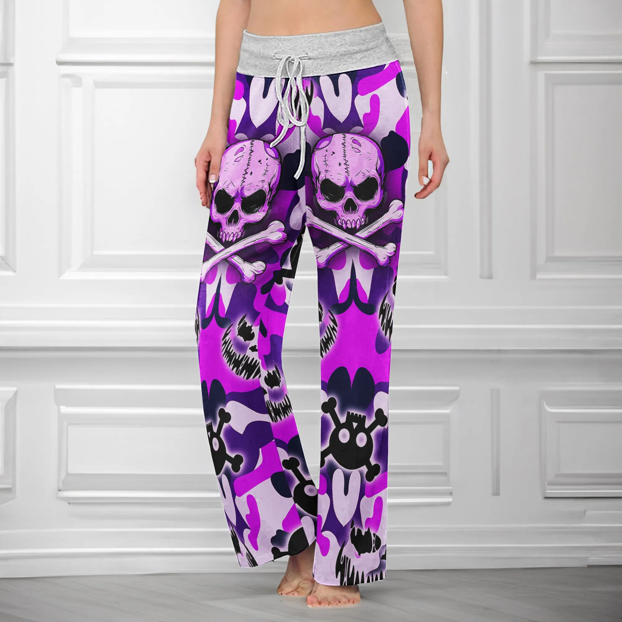 Purple Camo Skull Art Women's High-waisted Wide Leg Pants
