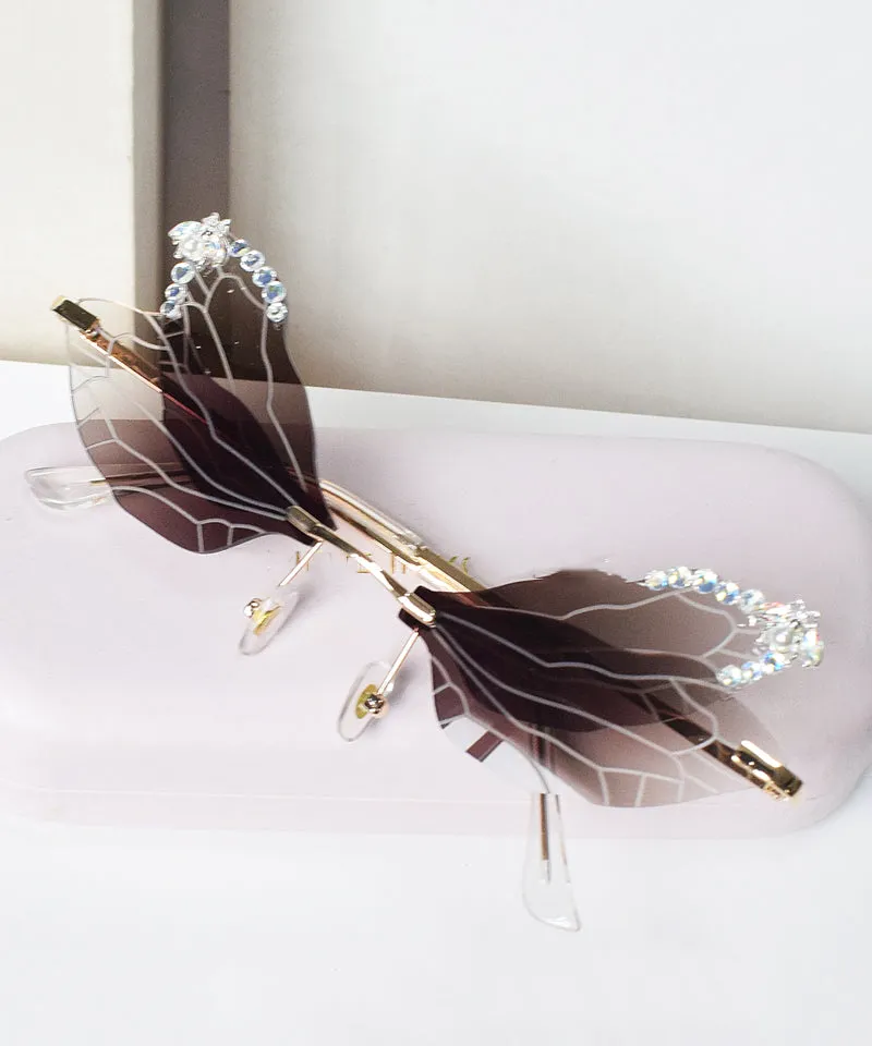 Style Frameless Diamond Inlaid Bee Butterfly Sunglasses Brown XS1085
