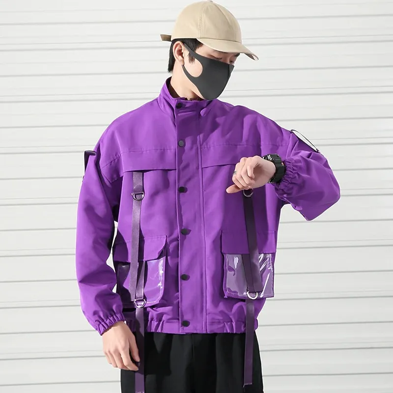 Stylish Jackets for Men / Military Streetwear Jacket with Ribbons and Pockets in Alternative Style