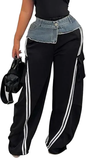 Unybwonn Women Wide Leg Cargo Sweatpants Patchwork Side Stripe Baggy Denim Pants High Waist Trendy Track Jogger Pant