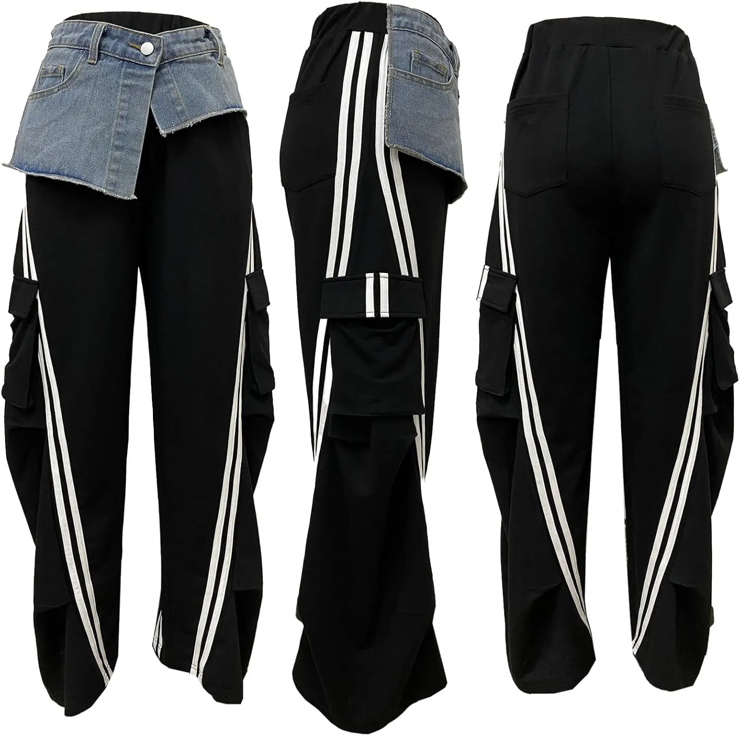 Unybwonn Women Wide Leg Cargo Sweatpants Patchwork Side Stripe Baggy Denim Pants High Waist Trendy Track Jogger Pant