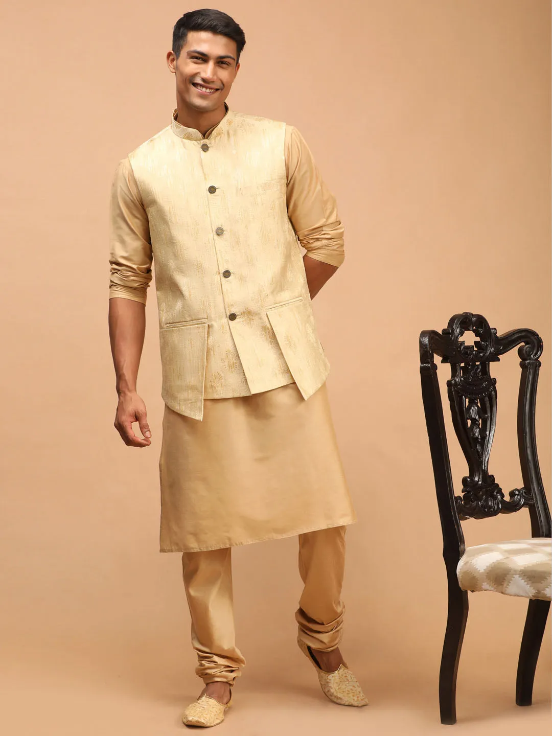 Vastramay Men's Gold Woven Ethnic Set