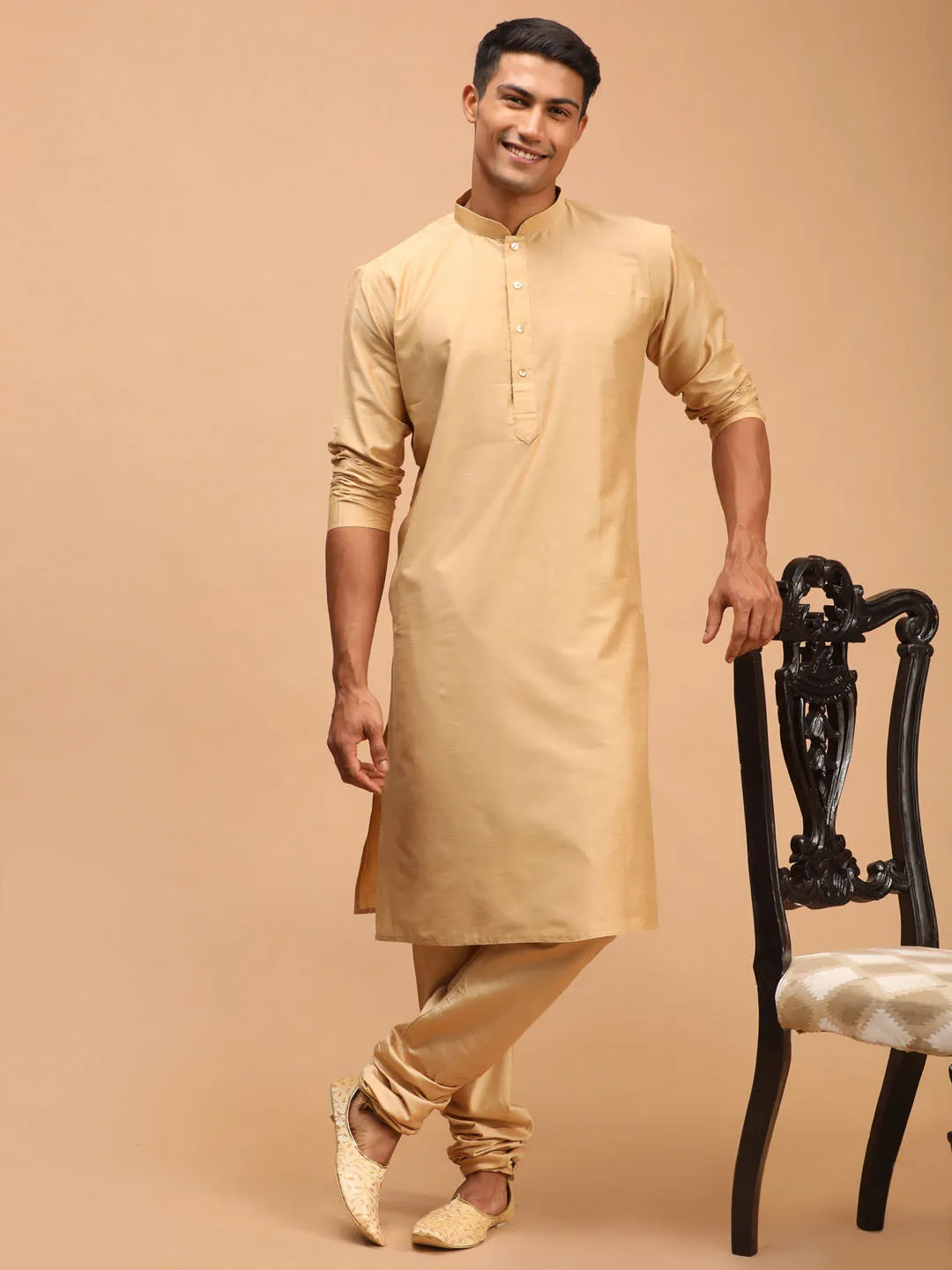 Vastramay Men's Gold Woven Ethnic Set