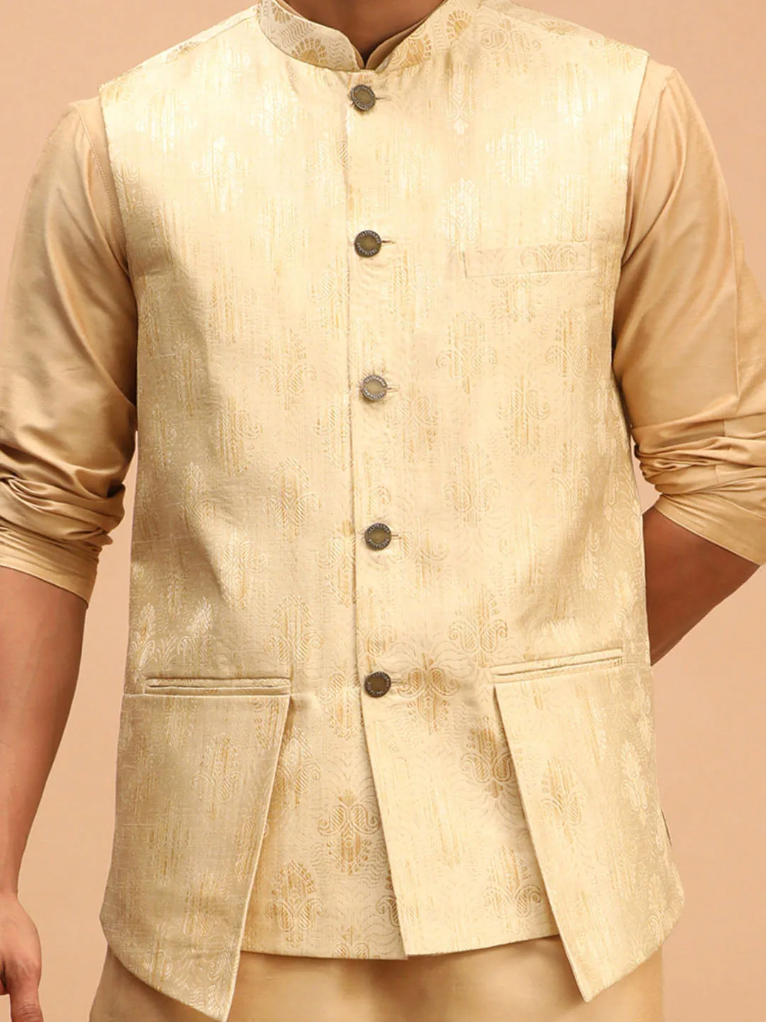 Vastramay Men's Gold Woven Ethnic Set