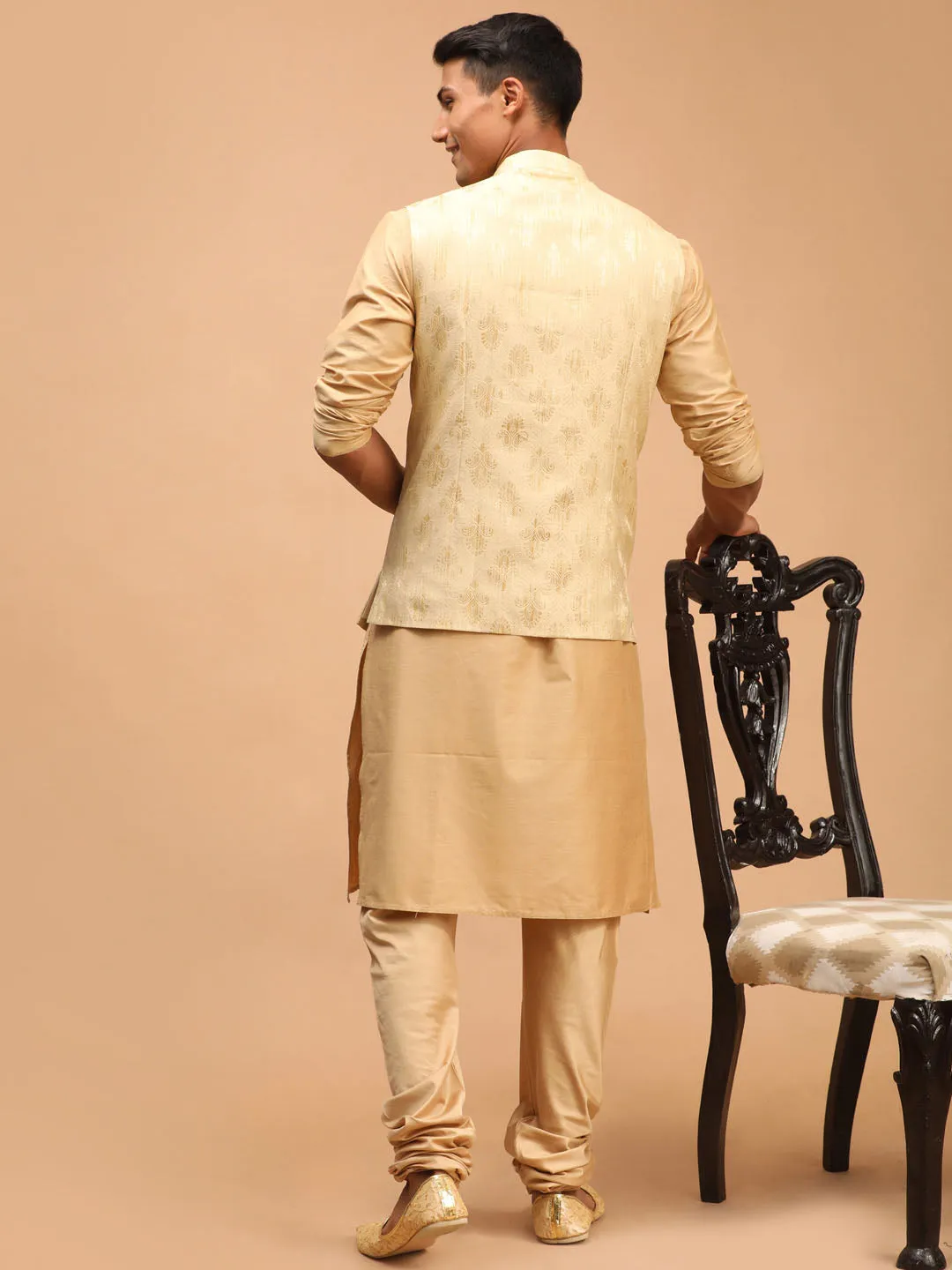 Vastramay Men's Gold Woven Ethnic Set
