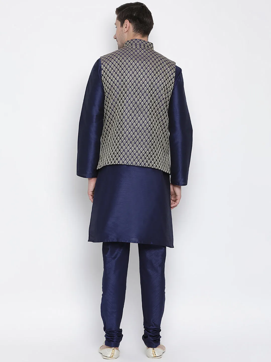Vastramay Navy Blue and Gold Silk Blend Baap Beta Jacket Kurta Pyjama set