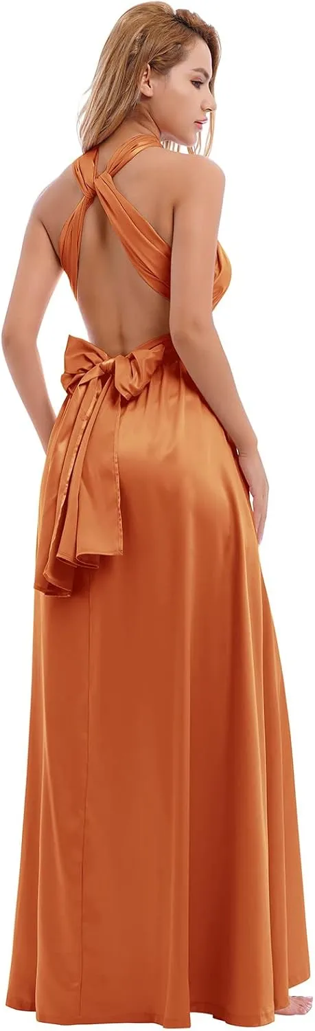 Women Satin Transformer Infinity Dress with Bandeau Convertible Bridesmaid Dress Split Long Formal Twist Wrap Multi-Way Dress