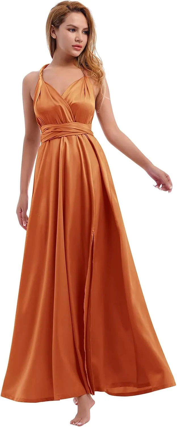 Women Satin Transformer Infinity Dress with Bandeau Convertible Bridesmaid Dress Split Long Formal Twist Wrap Multi-Way Dress