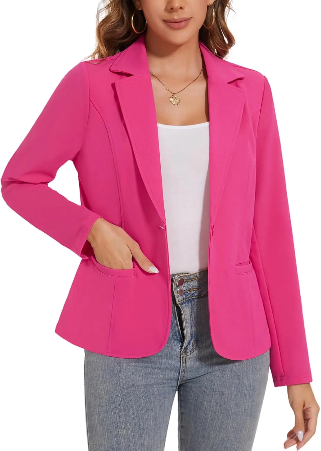 Women's Button Front Blazer Jackets Long Sleeve Lapel Business Casual Office Work Lightweight Blazers with Pocket
