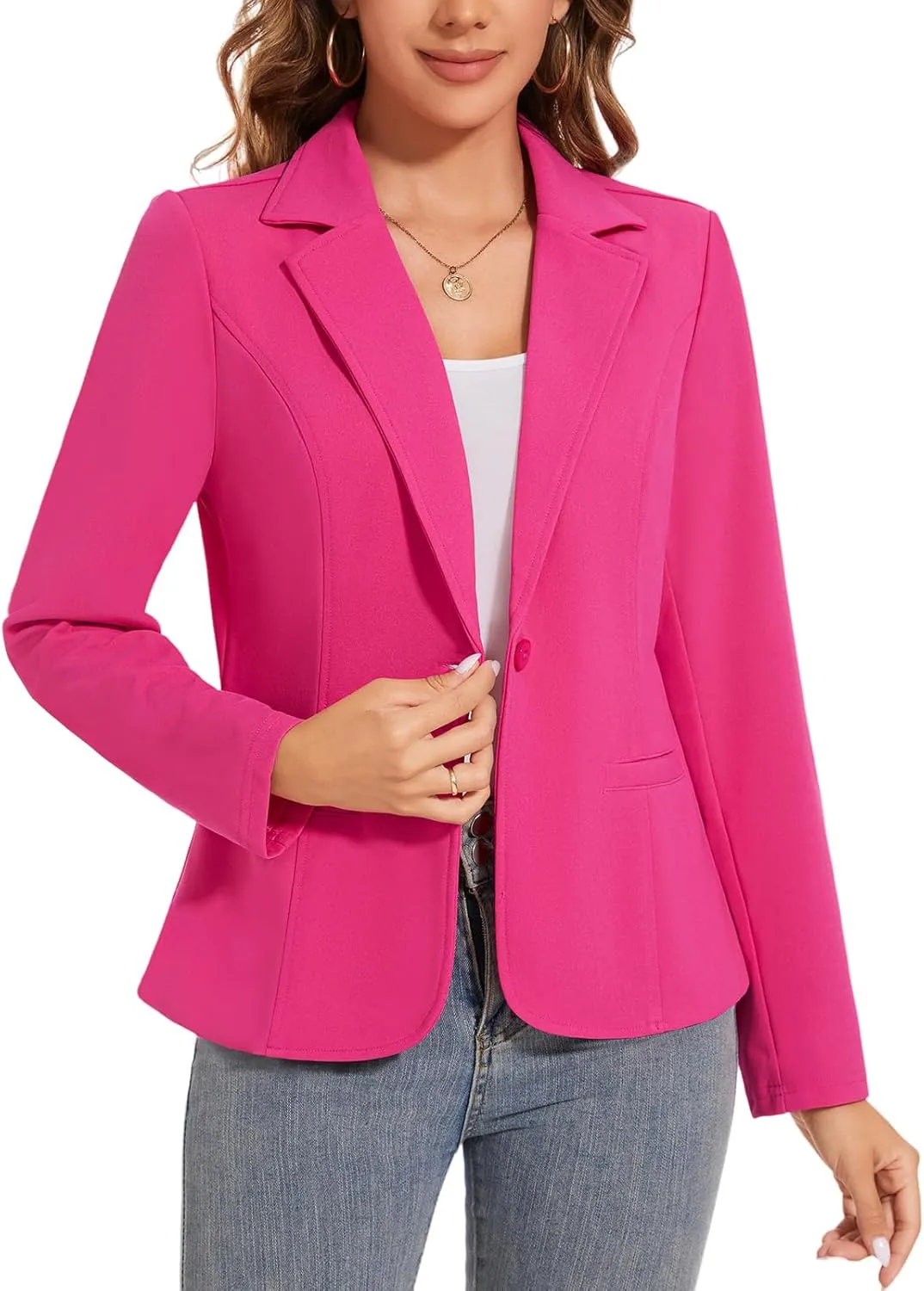 Women's Button Front Blazer Jackets Long Sleeve Lapel Business Casual Office Work Lightweight Blazers with Pocket