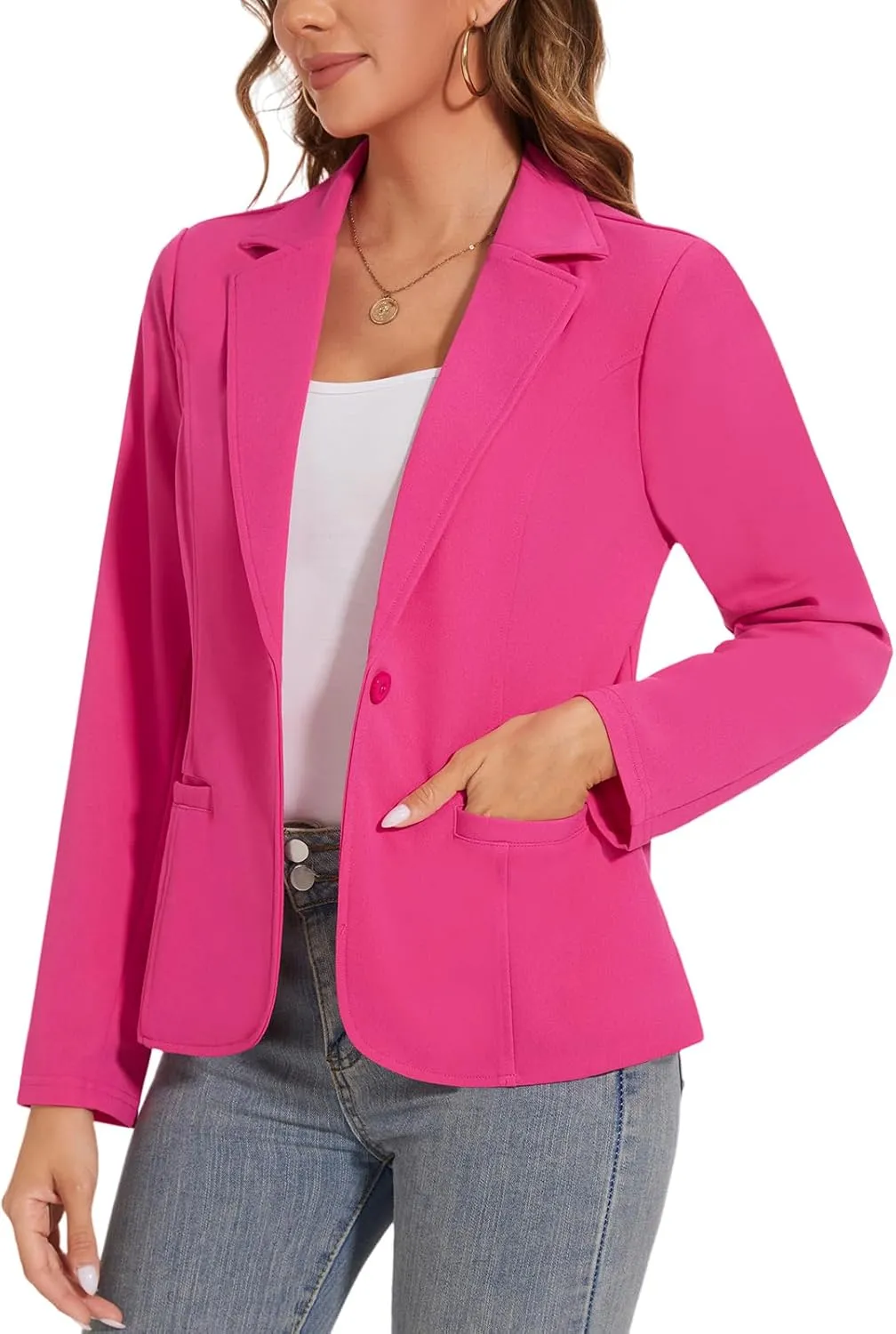 Women's Button Front Blazer Jackets Long Sleeve Lapel Business Casual Office Work Lightweight Blazers with Pocket