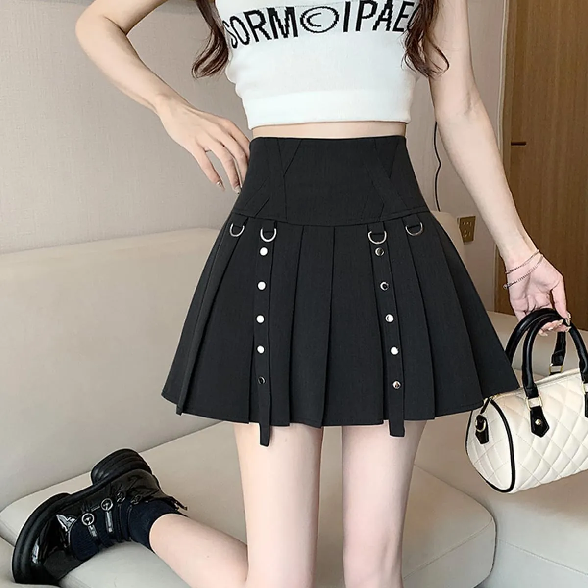 Women's Mini Skirt Y2K Goth High Waist A Line Zip Rivet Embellished Casual Pleated Womens Skirts