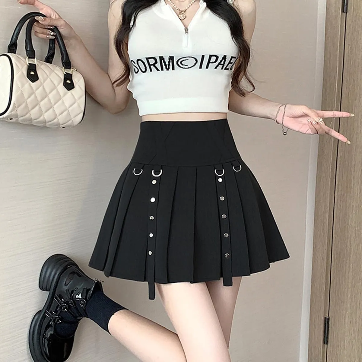 Women's Mini Skirt Y2K Goth High Waist A Line Zip Rivet Embellished Casual Pleated Womens Skirts