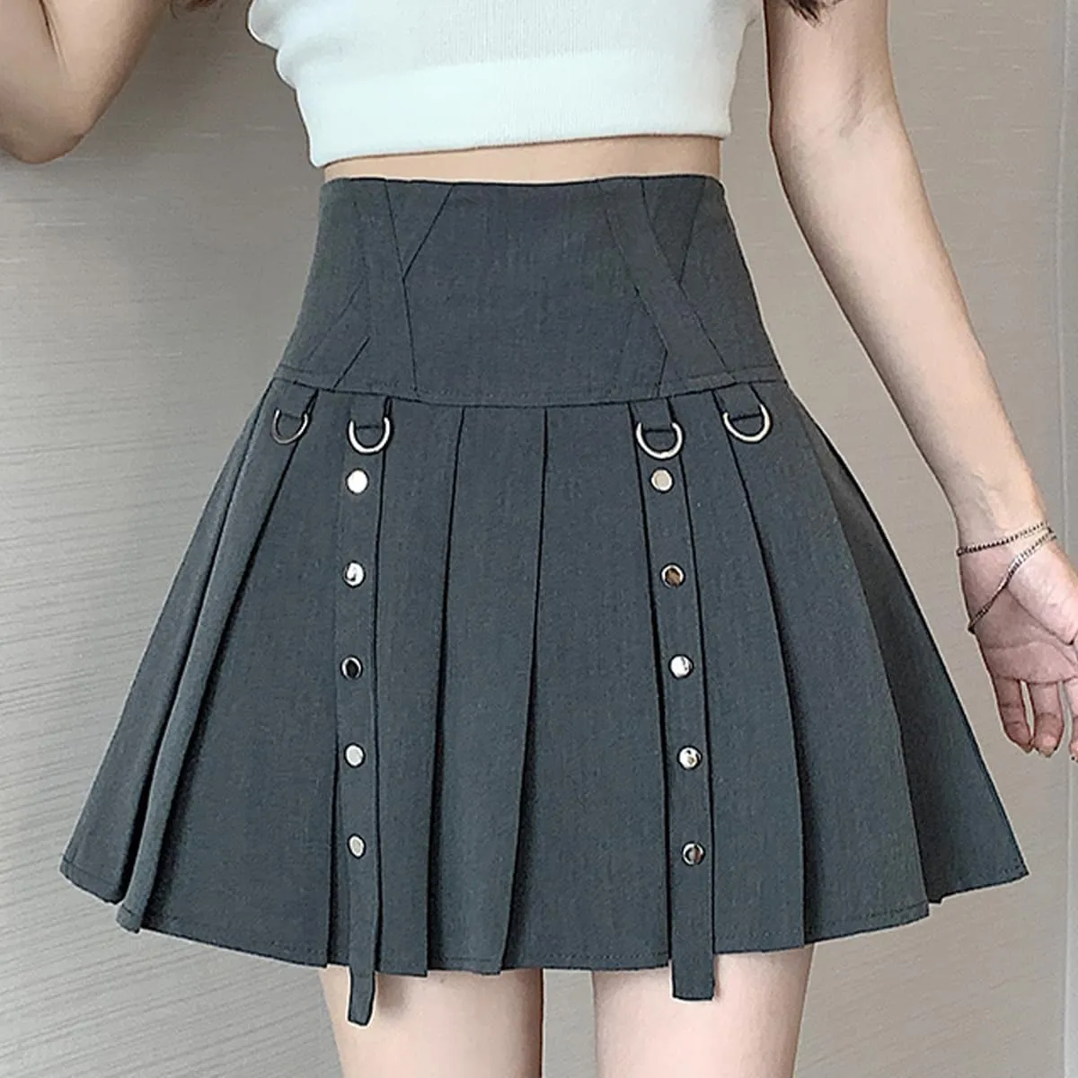 Women's Mini Skirt Y2K Goth High Waist A Line Zip Rivet Embellished Casual Pleated Womens Skirts