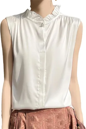 Women's Ruffle Mock Neck Satin Tank Top Camisole - Summer Breathable Loose Fit Vest Sleeveless Casual & Work Office Blouse