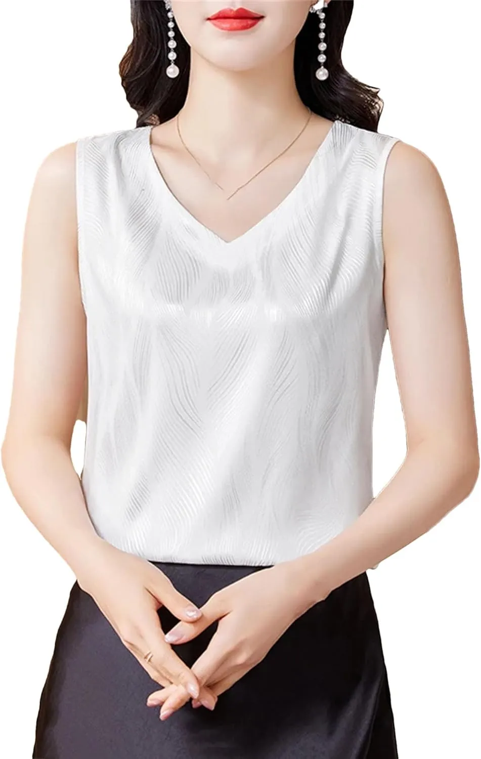 Women's Silk Satin V-Neck Tank Top Camisole Summer Breathable Sleeveless Vest Casual Loose Fit Undershirt for Blazers